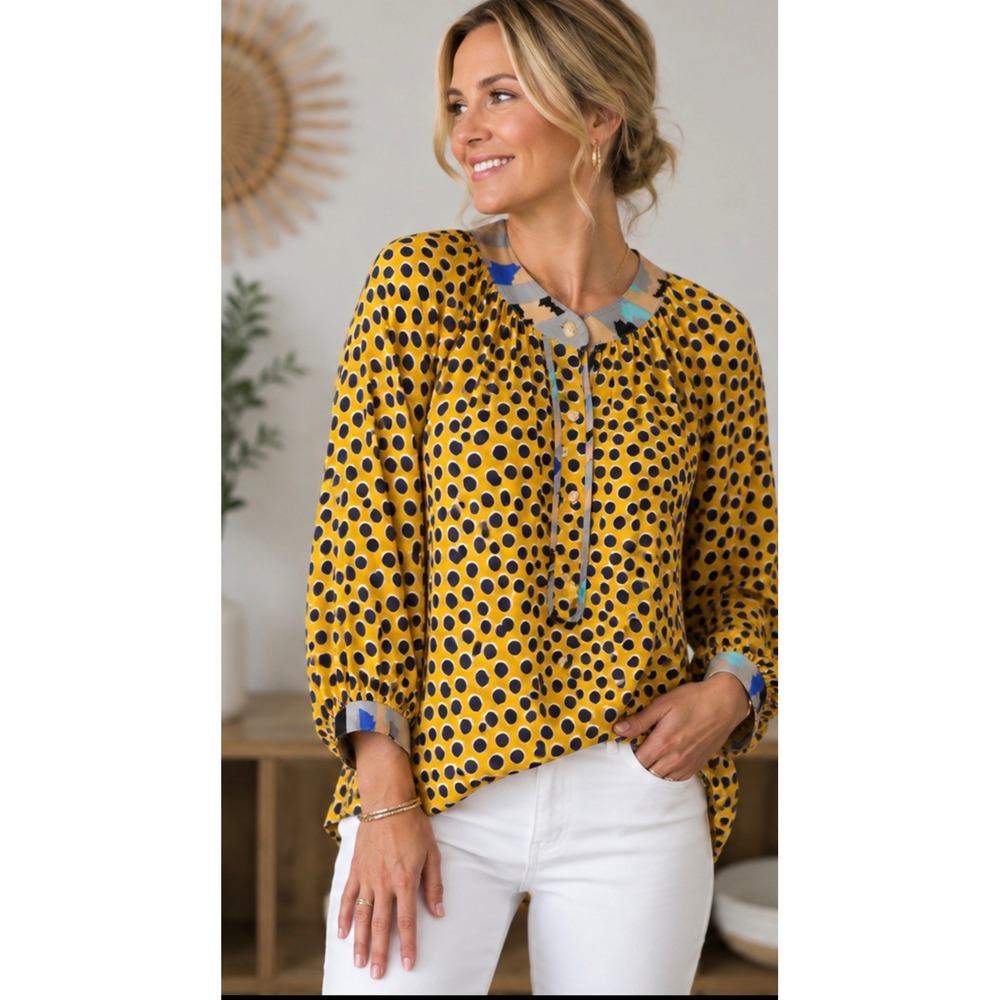 Tucker Womens 100% Silk Polka Dot Blouse Yellow Navy Abstract Trim 3/4 Sleeve L